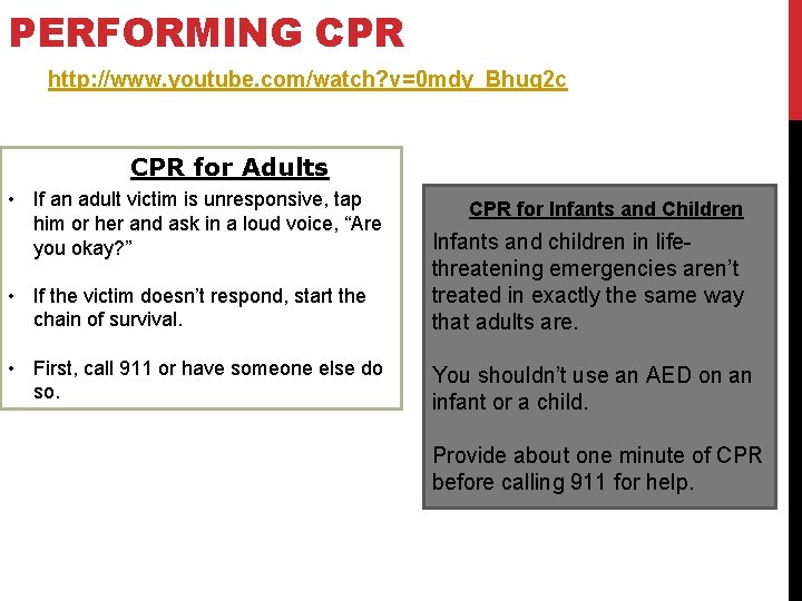 PERFORMING CPR http: //www. youtube. com/watch? v=0 mdy_Bhug 2 c CPR for Adults •