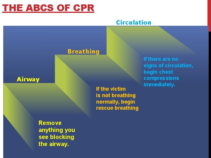 THE ABCS OF CPR Circulation Breathing Airway If the victim is not breathing normally,