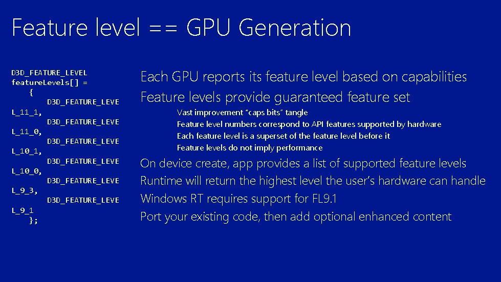 Feature level == GPU Generation D 3 D_FEATURE_LEVEL feature. Levels[] = { D 3