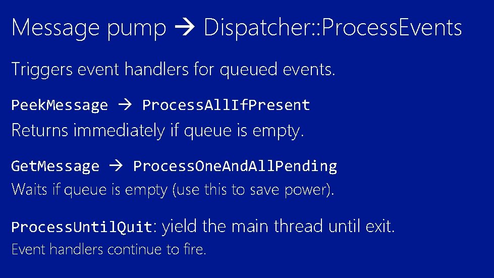 Message pump Dispatcher: : Process. Events Triggers event handlers for queued events. Peek. Message