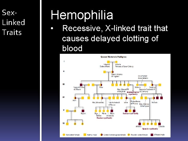 Sex. Linked Traits Hemophilia • Recessive, X-linked trait that causes delayed clotting of blood