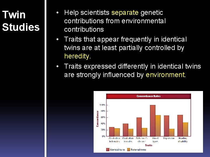 Twin Studies • Help scientists separate genetic contributions from environmental contributions • Traits that