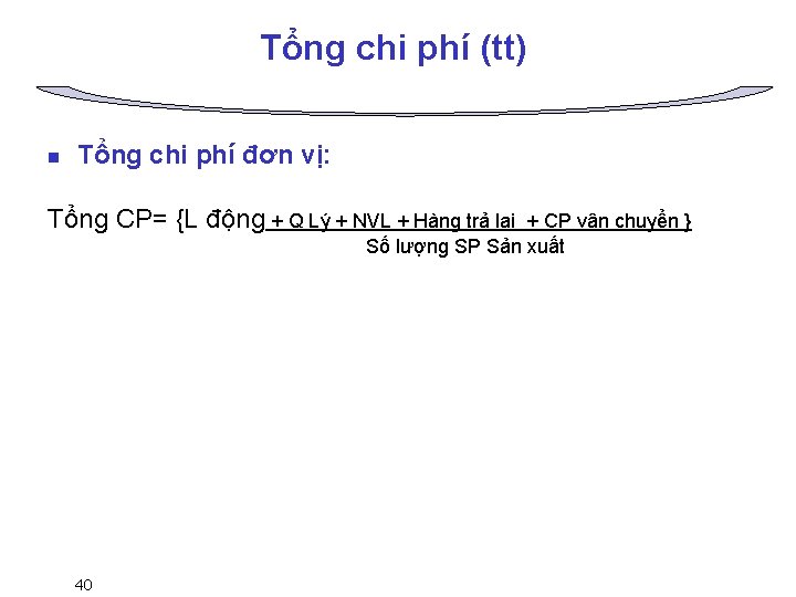 Tổng chi phí (tt) n Tổng chi phí đơn vị: Tổng CP= {L động