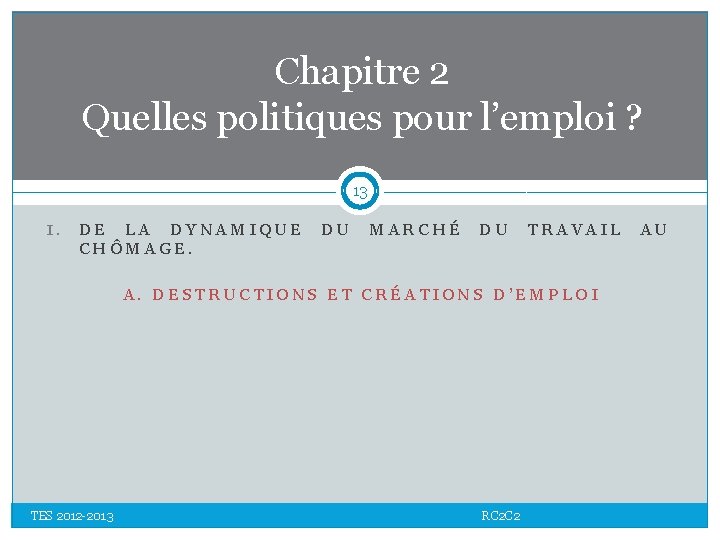 Chapitre 2 Quelles politiques pour l’emploi ? 13 I. DE LA DYNAMIQUE DU MARCHÉ