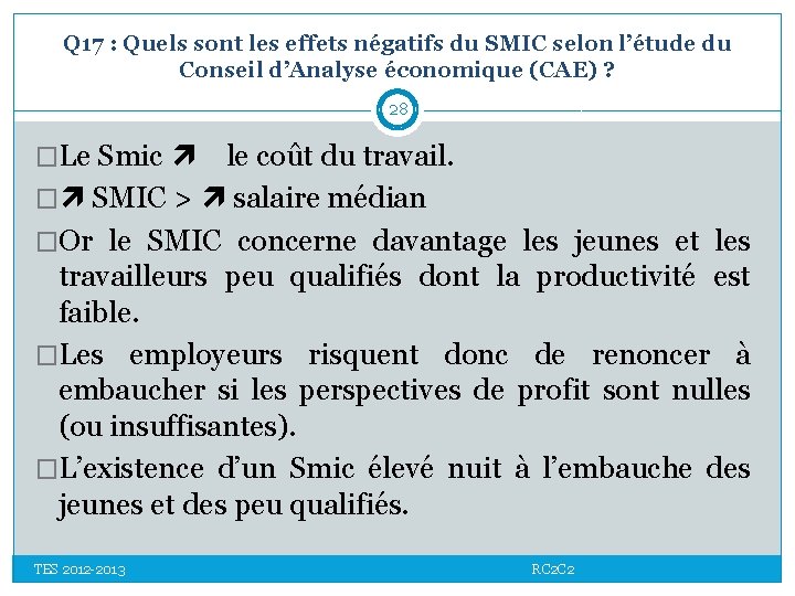 Q 17 : Quels sont les effets négatifs du SMIC selon l’étude du Conseil