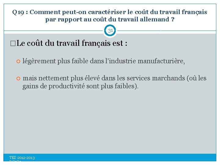 Q 19 : Comment peut-on caractériser le coût du travail français par rapport au