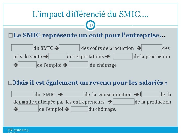 L’impact différencié du SMIC…. 41 �Le SMIC représente un coût pour l'entreprise. . .