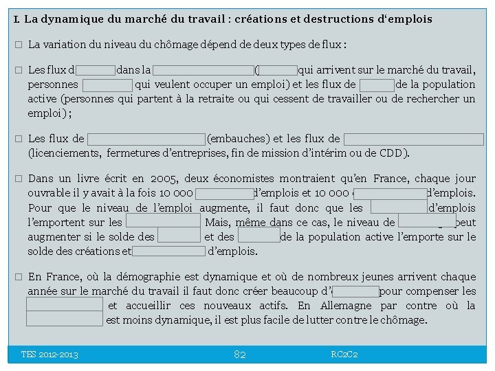 I. La dynamique du marché du travail : créations et destructions d‘emplois � La