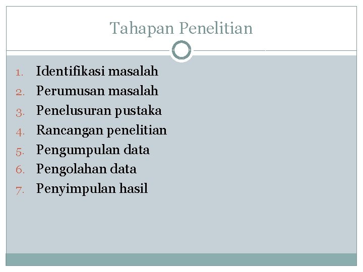 Tahapan Penelitian 1. 2. 3. 4. 5. 6. 7. Identifikasi masalah Perumusan masalah Penelusuran
