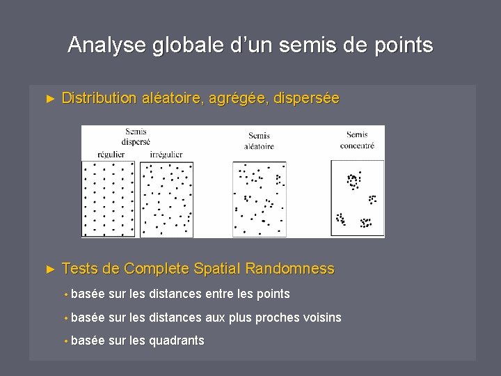 Analyse globale d’un semis de points ► Distribution aléatoire, agrégée, dispersée ► Tests de Analyse globale d’un semis de points ► Distribution aléatoire, agrégée, dispersée ► Tests de