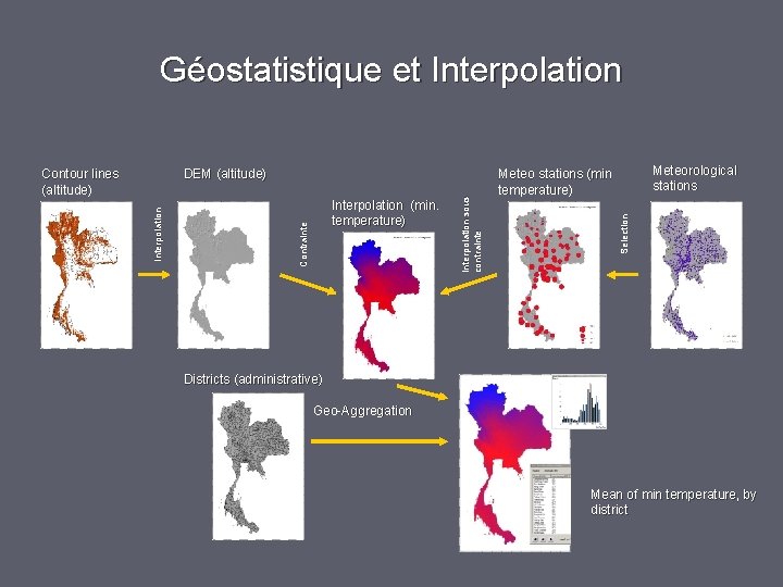 Géostatistique et Interpolation Meteorological stations Meteo stations (min temperature) Selection Contrainte Interpolation (min. temperature) Géostatistique et Interpolation Meteorological stations Meteo stations (min temperature) Selection Contrainte Interpolation (min. temperature)