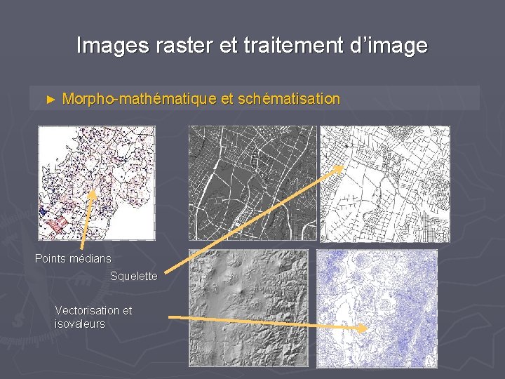 Images raster et traitement d’image ► Morpho-mathématique et schématisation Points médians Squelette Vectorisation et Images raster et traitement d’image ► Morpho-mathématique et schématisation Points médians Squelette Vectorisation et