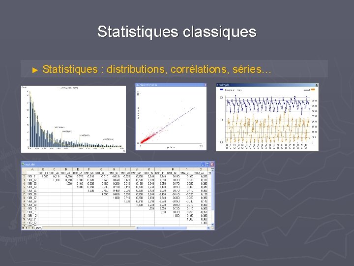Statistiques classiques ► Statistiques : distributions, corrélations, séries… Statistiques classiques ► Statistiques : distributions, corrélations, séries…