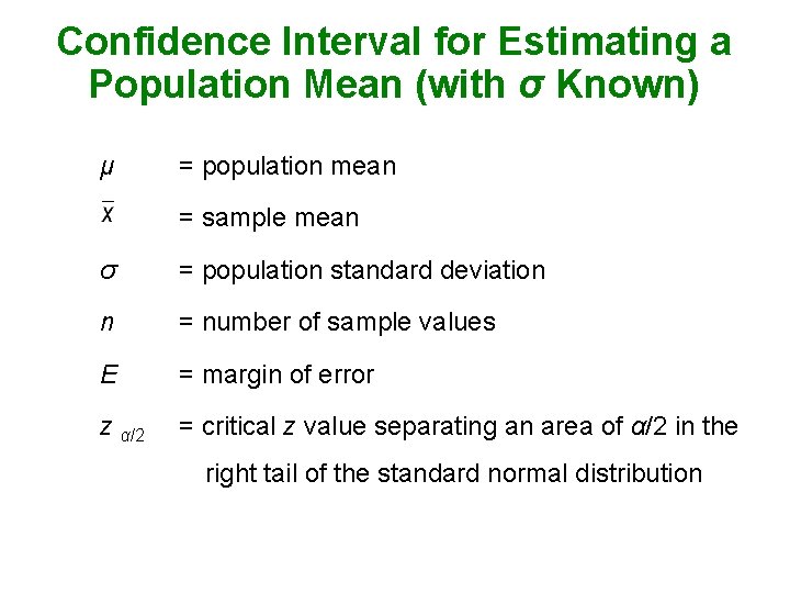 Confidence Interval for Estimating a Population Mean (with σ Known) μ = population mean