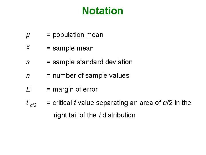 Notation μ = population mean = sample mean s = sample standard deviation n