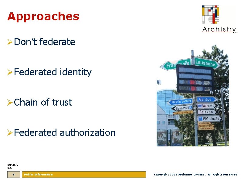 Approaches Ø Don’t federate Ø Federated identity Ø Chain of trust Ø Federated authorization