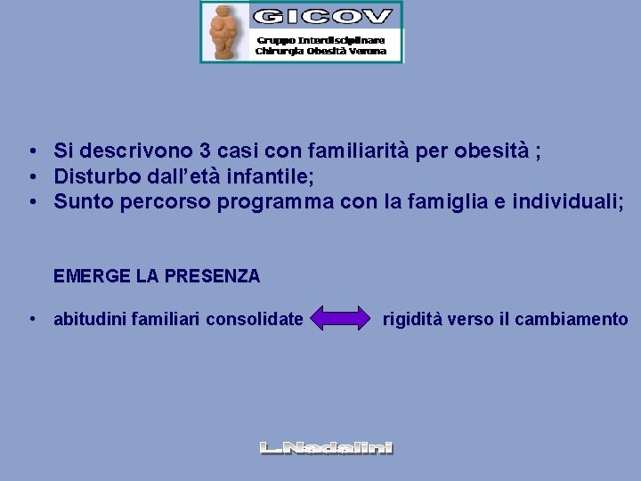  • Si descrivono 3 casi con familiarità per obesità ; • Disturbo dall’età