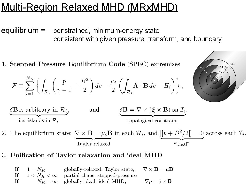 Multi-Region Relaxed MHD (MRx. MHD) equilibrium constrained, minimum-energy state consistent with given pressure, transform,