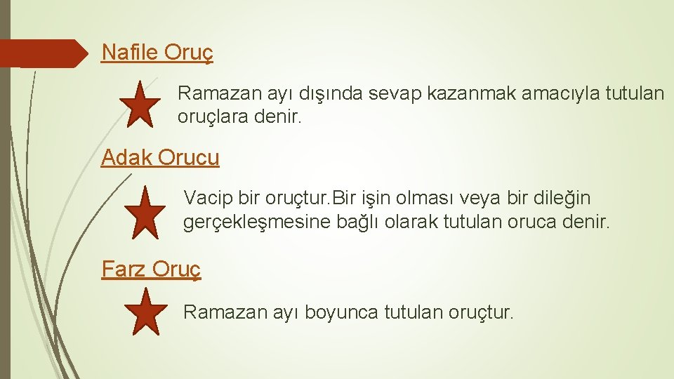 Nafile Oruç Ramazan ayı dışında sevap kazanmak amacıyla tutulan oruçlara denir. Adak Orucu Vacip