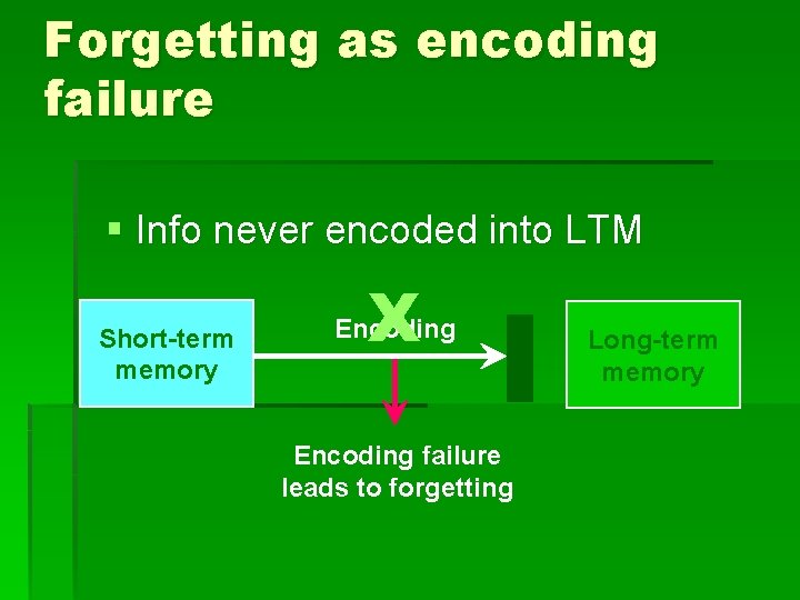 Forgetting as encoding failure § Info never encoded into LTM Short-term memory X Encoding