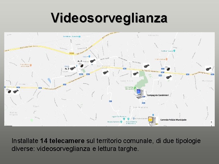 Videosorveglianza Installate 14 telecamere sul territorio comunale, di due tipologie diverse: videosorveglianza e lettura