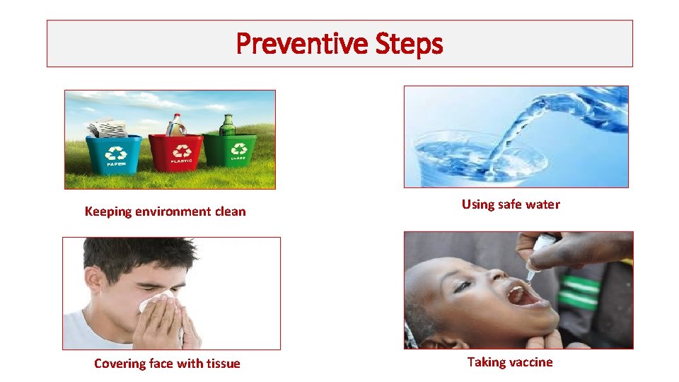 Preventive Steps Keeping environment clean Using safe water Covering face with tissue Taking vaccine