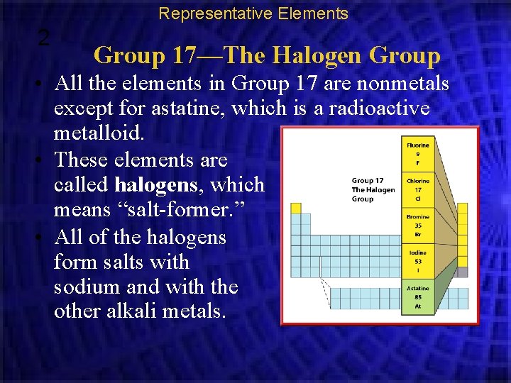 Representative Elements 2 Group 17—The Halogen Group • All the elements in Group 17