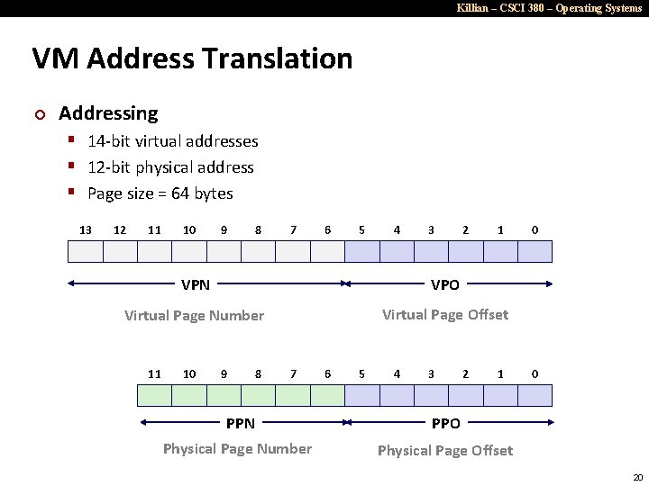 Killian – CSCI 380 – Operating Systems VM Address Translation ¢ Addressing § 14