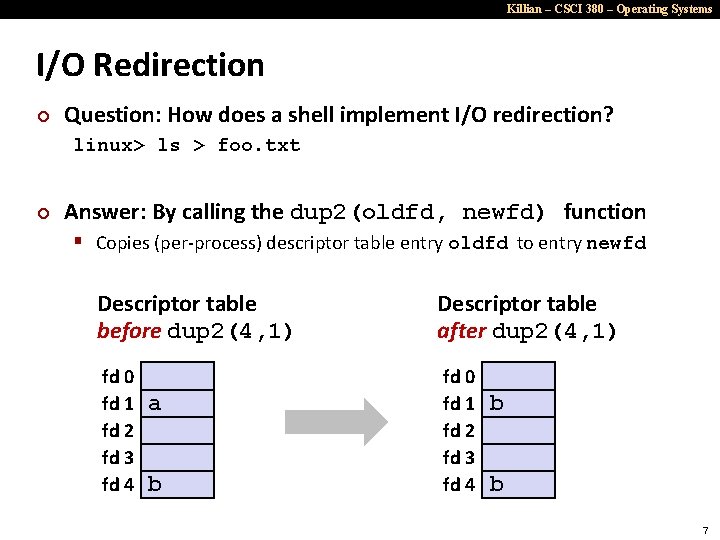 Killian – CSCI 380 – Operating Systems I/O Redirection ¢ Question: How does a