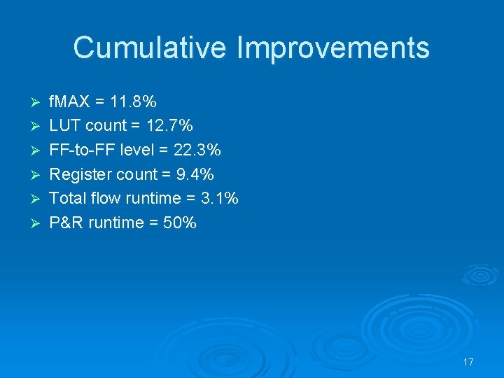 Cumulative Improvements Ø Ø Ø f. MAX = 11. 8% LUT count = 12. Cumulative Improvements Ø Ø Ø f. MAX = 11. 8% LUT count = 12.