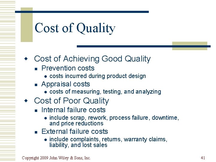 Cost of Quality w Cost of Achieving Good Quality n Prevention costs l n Cost of Quality w Cost of Achieving Good Quality n Prevention costs l n