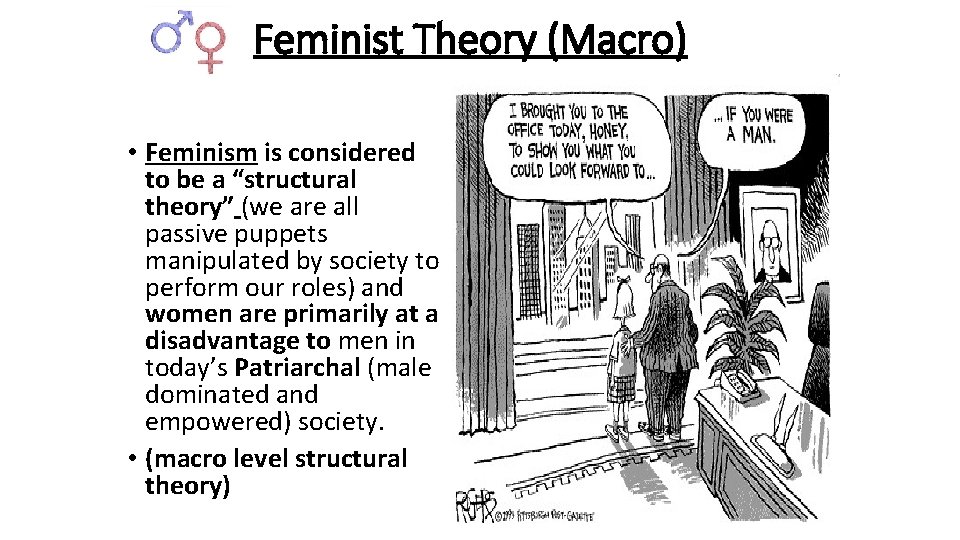 Feminist Theory (Macro) • Feminism is considered to be a “structural theory” (we are