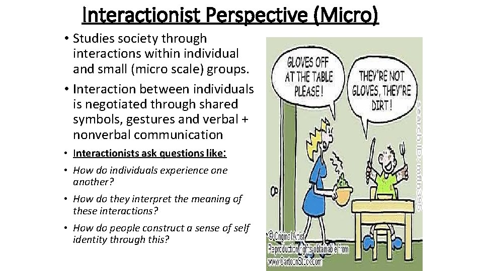 Interactionist Perspective (Micro) • Studies society through interactions within individual and small (micro scale)