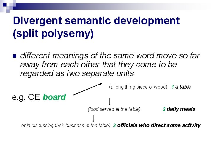 Divergent semantic development (split polysemy) different meanings of the same word move so far Divergent semantic development (split polysemy) different meanings of the same word move so far