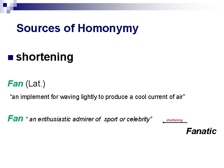 Sources of Homonymy shortening Fan (Lat. ) “an implement for waving lightly to produce Sources of Homonymy shortening Fan (Lat. ) “an implement for waving lightly to produce
