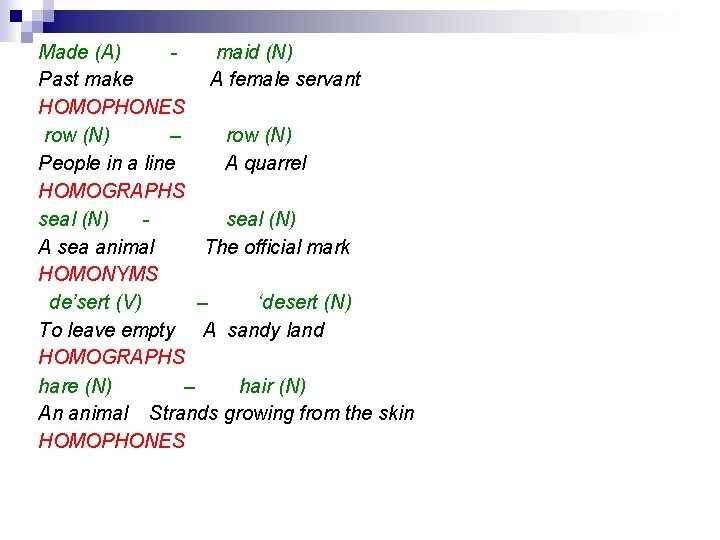 Made (A) maid (N) Past make A female servant HOMOPHONES row (N) – row Made (A) maid (N) Past make A female servant HOMOPHONES row (N) – row