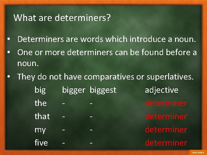 What are determiners? • Determiners are words which introduce a noun. • One or