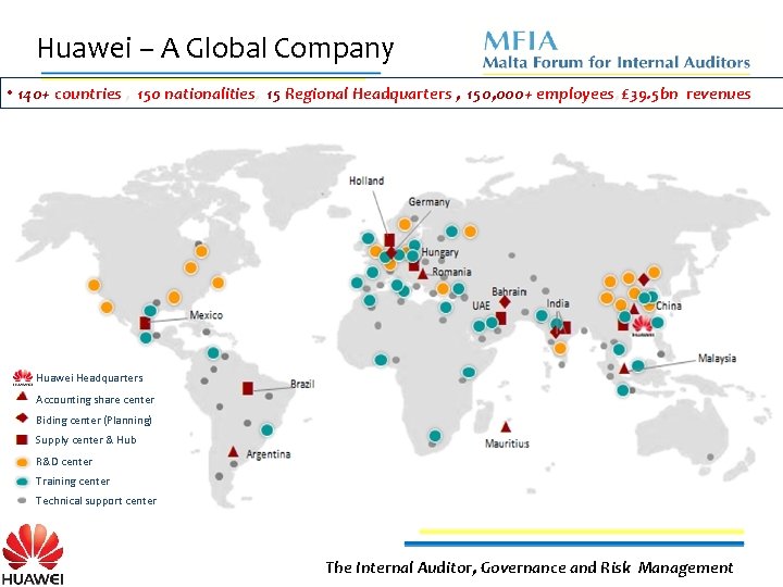 Huawei – A Global Company • 140+ countries , 150 nationalities, 15 Regional Headquarters