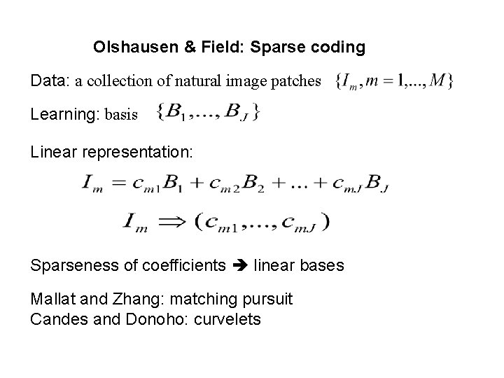 Olshausen & Field: Sparse coding Data: a collection of natural image patches Learning: basis