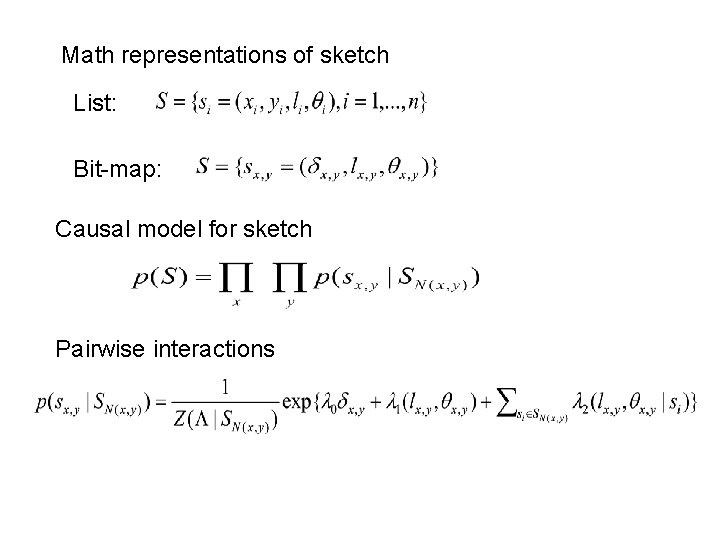 Math representations of sketch List: Bit-map: Causal model for sketch Pairwise interactions 