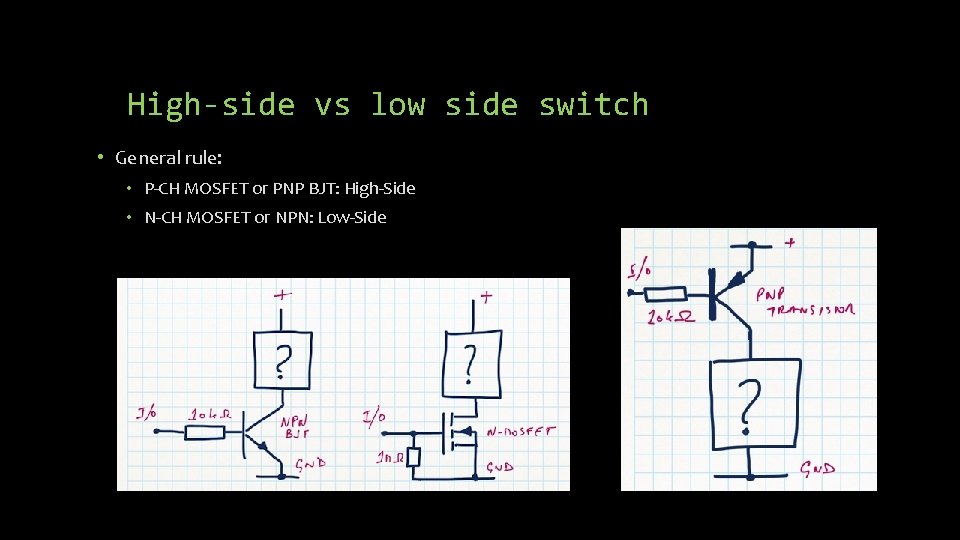 High-side vs low side switch • General rule: • P-CH MOSFET or PNP BJT: