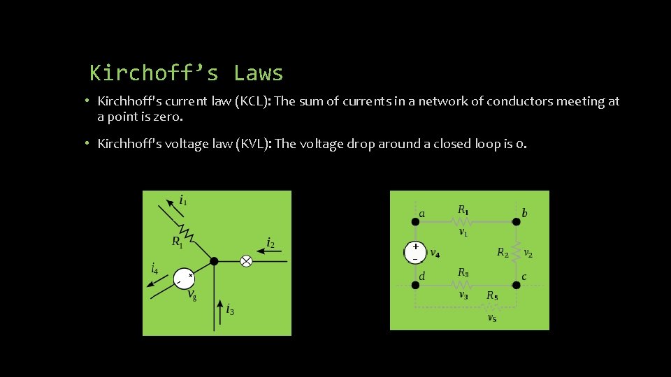 Kirchoff’s Laws • Kirchhoff's current law (KCL): The sum of currents in a network