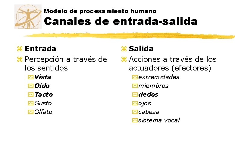 Modelo de procesamiento humano Canales de entrada-salida z Entrada z Percepción a través de