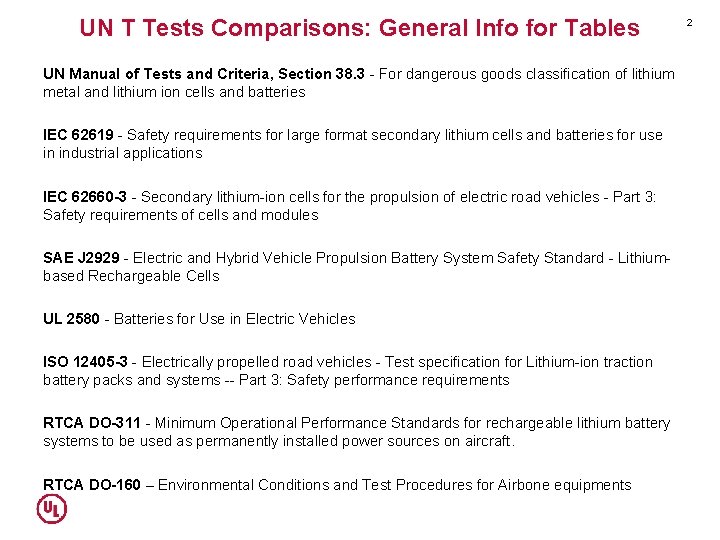 UN T Tests Comparisons: General Info for Tables UN Manual of Tests and Criteria,