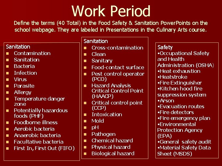 Work Period Define the terms (40 Total) in the Food Safety & Sanitation Power.