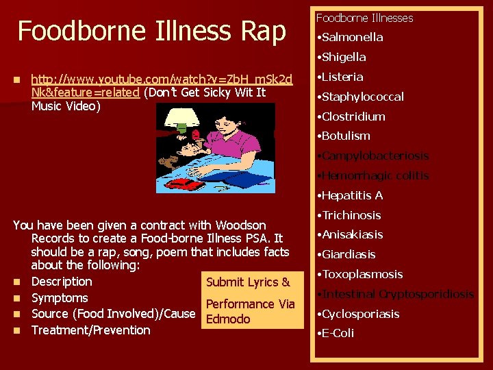 Foodborne Illness Rap Foodborne Illnesses • Salmonella • Shigella n http: //www. youtube. com/watch?