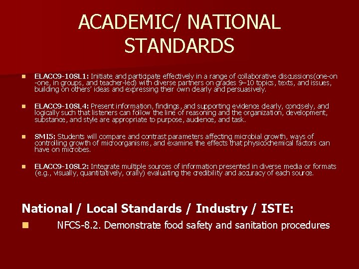 ACADEMIC/ NATIONAL STANDARDS n ELACC 9 -10 SL 1: Initiate and participate effectively in