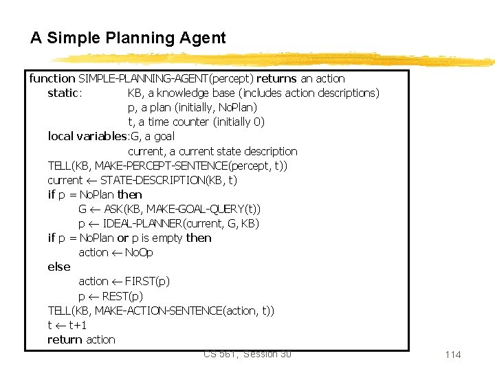 A Simple Planning Agent function SIMPLE-PLANNING-AGENT(percept) returns an action static: KB, a knowledge base