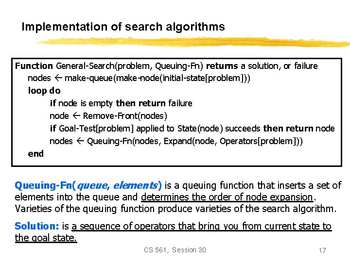 Implementation of search algorithms Function General-Search(problem, Queuing-Fn) returns a solution, or failure nodes make-queue(make-node(initial-state[problem]))