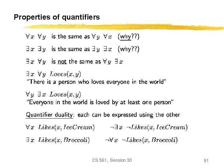 Properties of quantifiers CS 561, Session 30 81 